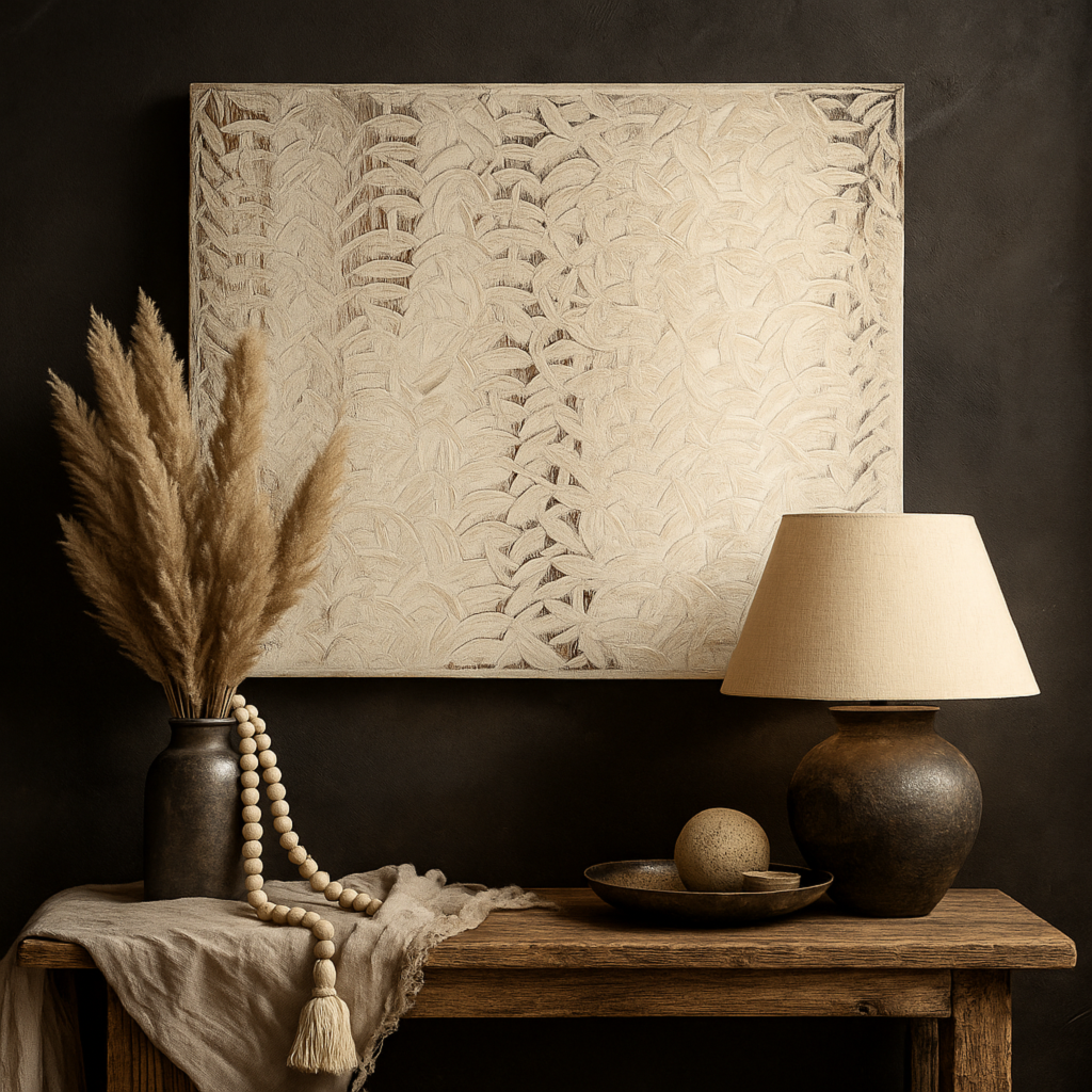 Cabeceros y murales artesanales en madera decoracion boho-chic, japandi wabi-sabi, contemporaneo mediterraneo - IGNIA BLANCO COCOUNAT - KAWAH - instalado