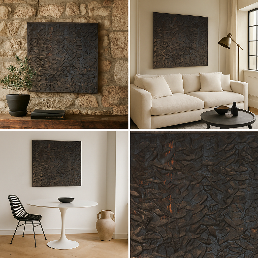 Cabeceros y murales artesanales en madera decoracion boho-chic, japandi wabi-sabi, contemporaneo mediterraneo - IGNIA NEGRO WENGUE - KAWAH - isntalado-collage