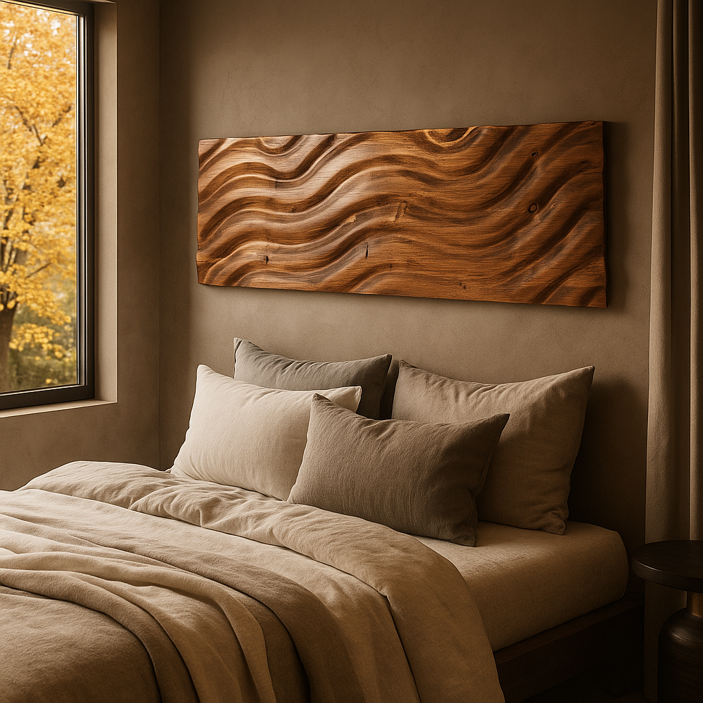 Cabecero o mural de madera decoracion boho chic, mediterraneo- Nature-Instalado- Kawah
