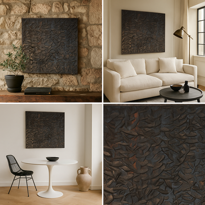 Cabeceros y murales artesanales en madera decoracion boho-chic, japandi wabi-sabi, contemporaneo mediterraneo - IGNIA NEGRO WENGUE - KAWAH - isntalado-collage